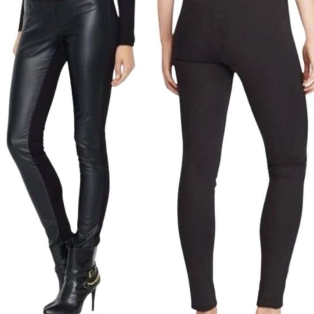 Lauren Ralph Lauren Black Leather Panel Ponte Pants Leggings Ankle Zippers 2